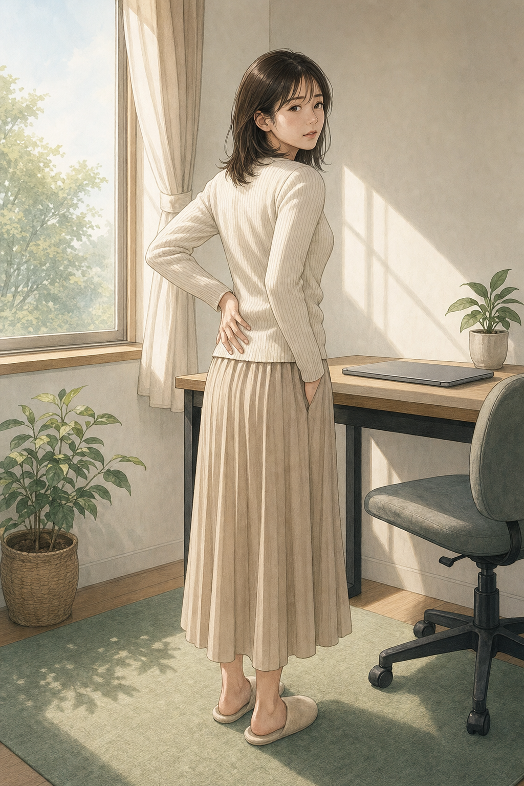 窓辺で腰に手を添えるあやか