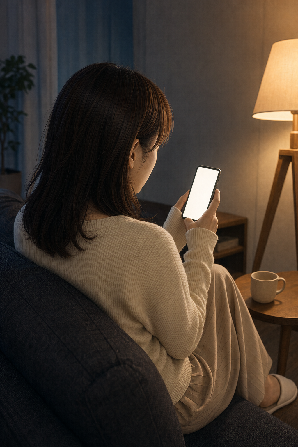 夜にスマートフォンで整体を探すあやか