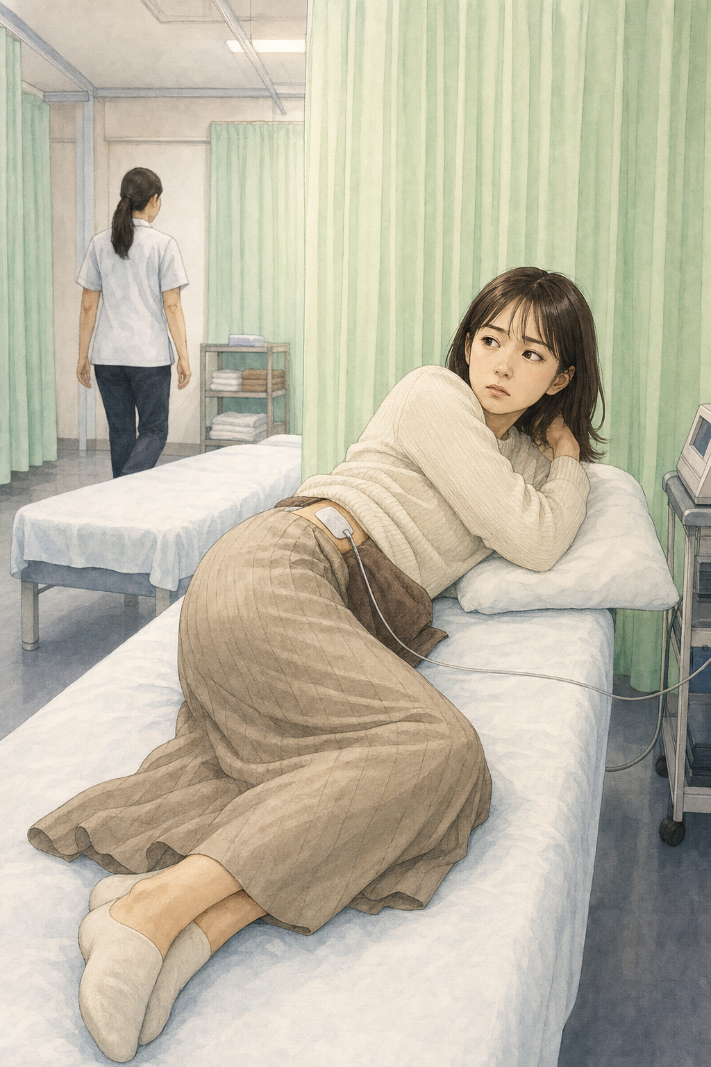 施術ベッドで同じ治療を受けるあやか