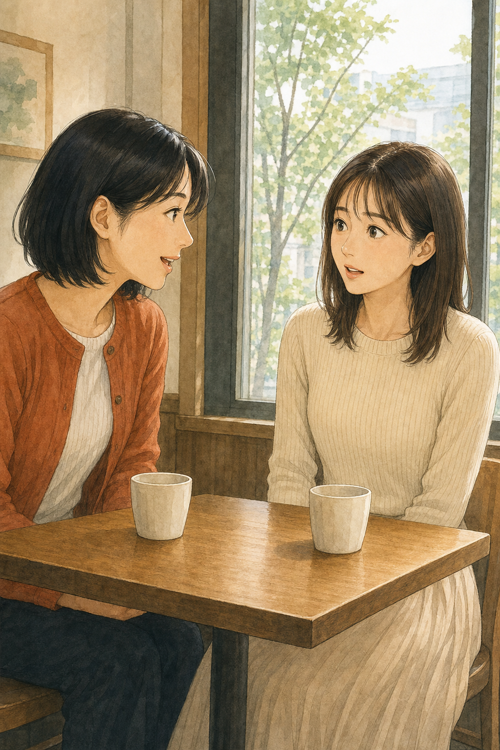 カフェで友人の話を聞くあやか